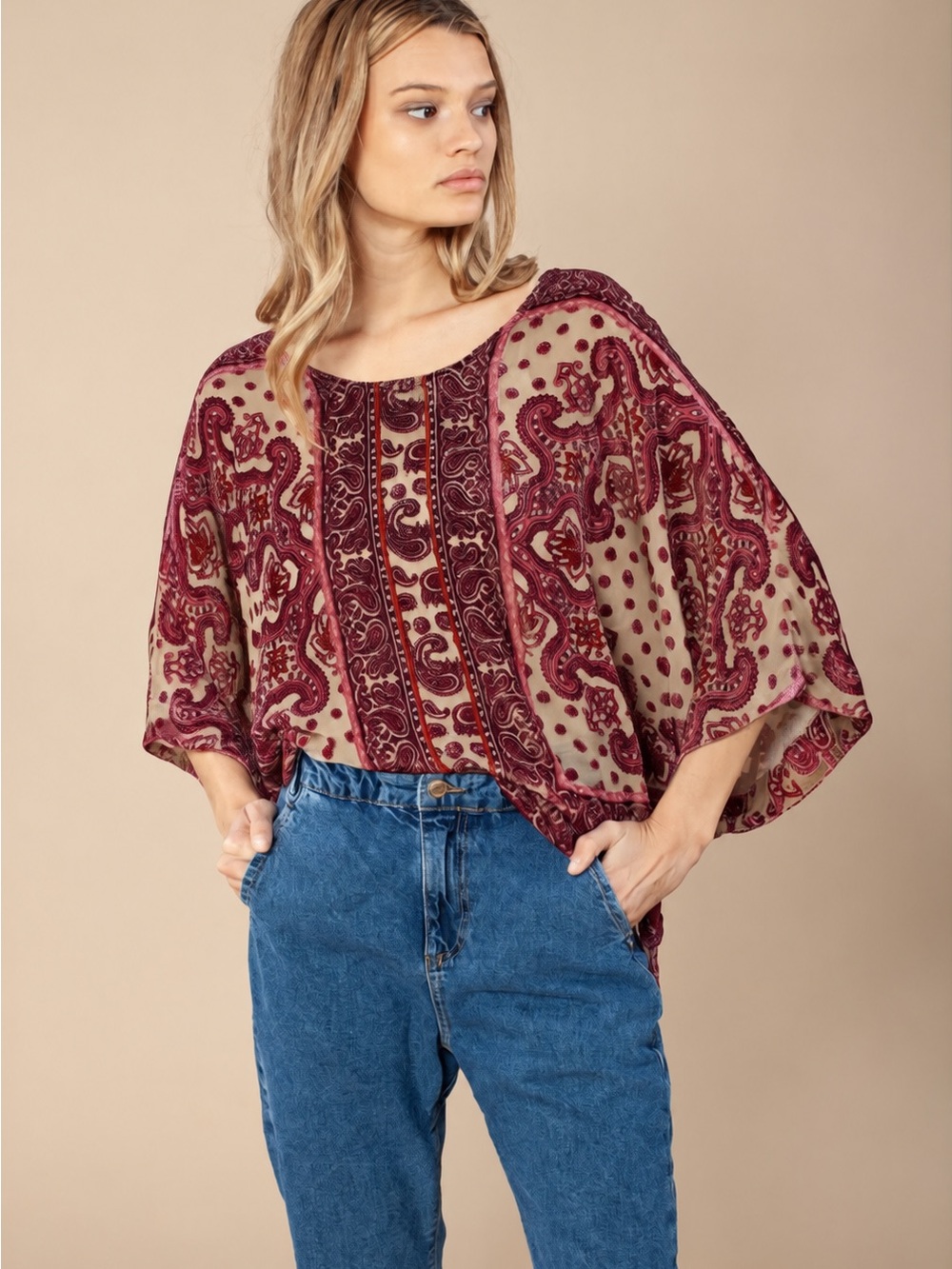 Hale Bob Burgundy Paisley Dolman Tunic on Tan Base